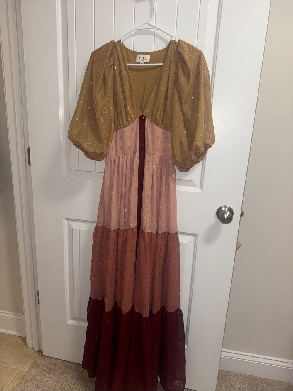 Aura Colorblock Tiered Maxi Dress in Mustard, Blush & Burgundy sz XS